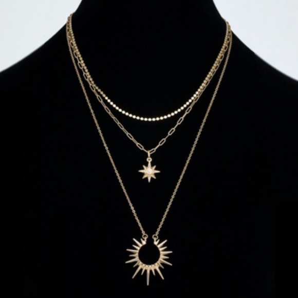 Gold Tone Multi Layer Starburst Pendant Necklace - Picture 2 of 8